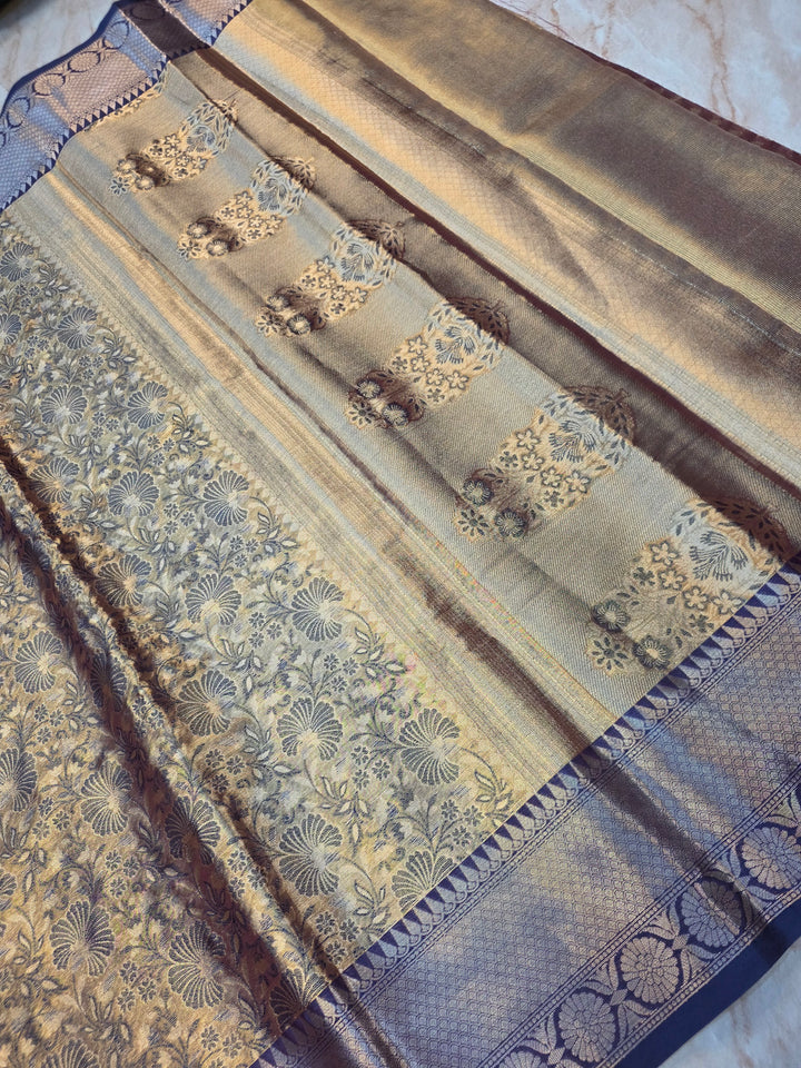 KASHMIRI ALFI TISU WITH NAVY BLUE BORDER