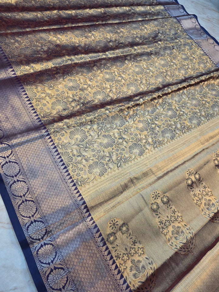KASHMIRI ALFI TISU WITH NAVY BLUE BORDER