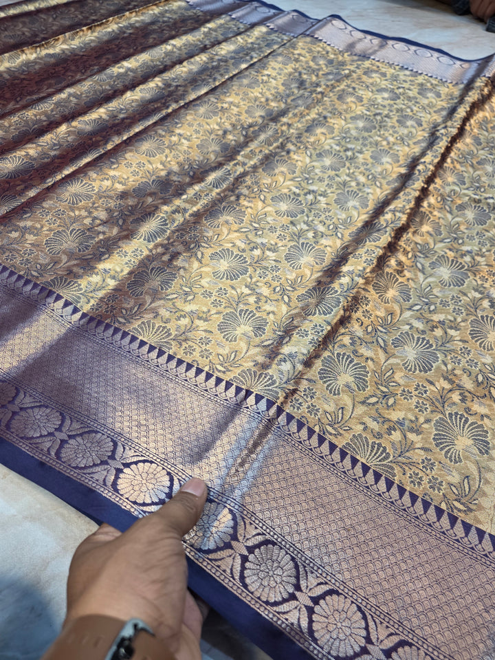 KASHMIRI ALFI TISU WITH NAVY BLUE BORDER