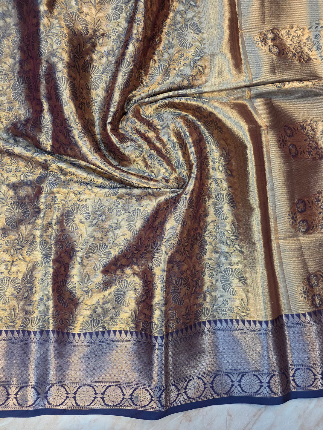 KASHMIRI ALFI TISU WITH NAVY BLUE BORDER