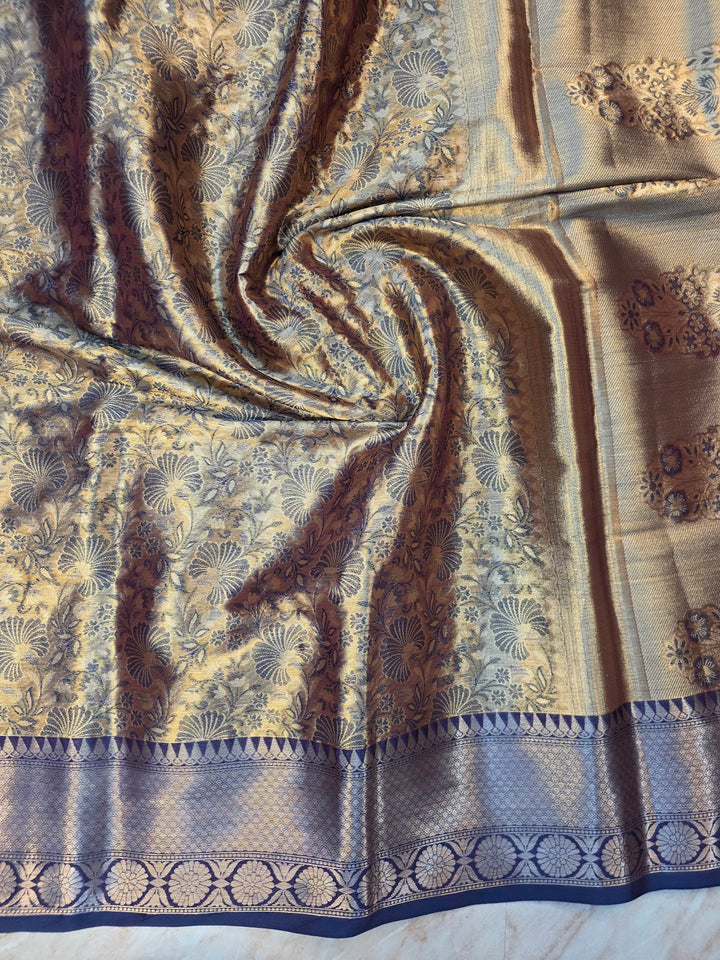 KASHMIRI ALFI TISU WITH NAVY BLUE BORDER