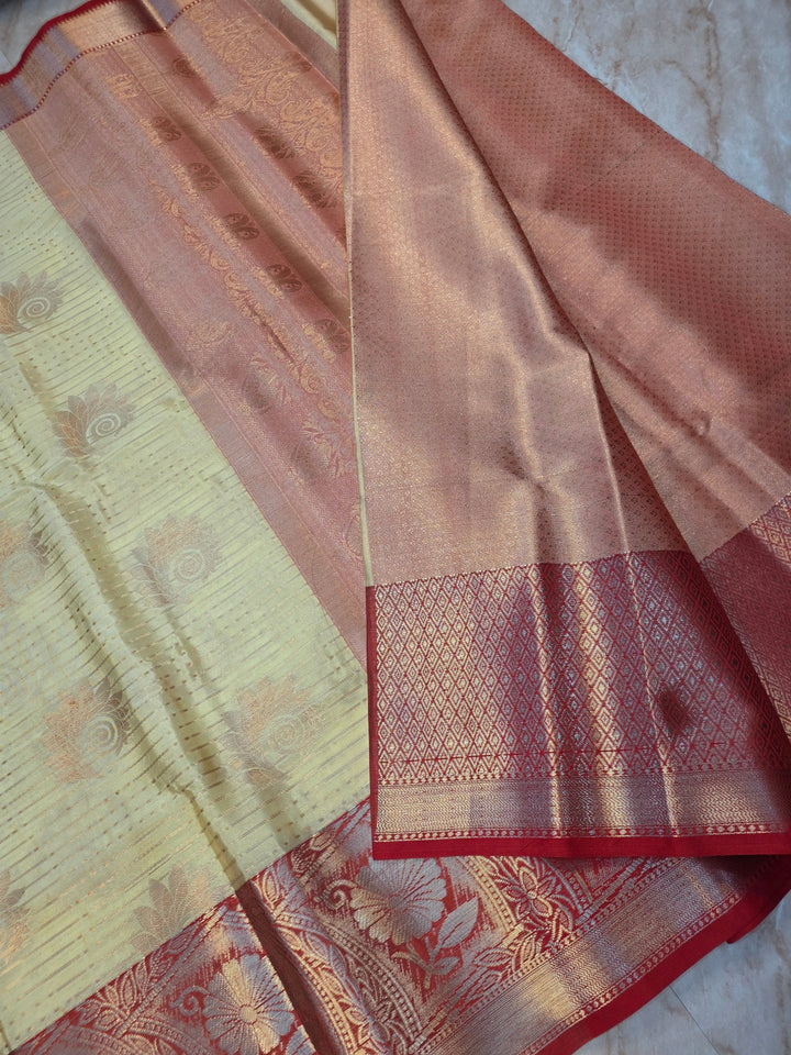 BANARASI SILK IN LIME YELLOW WITH RED BORDER