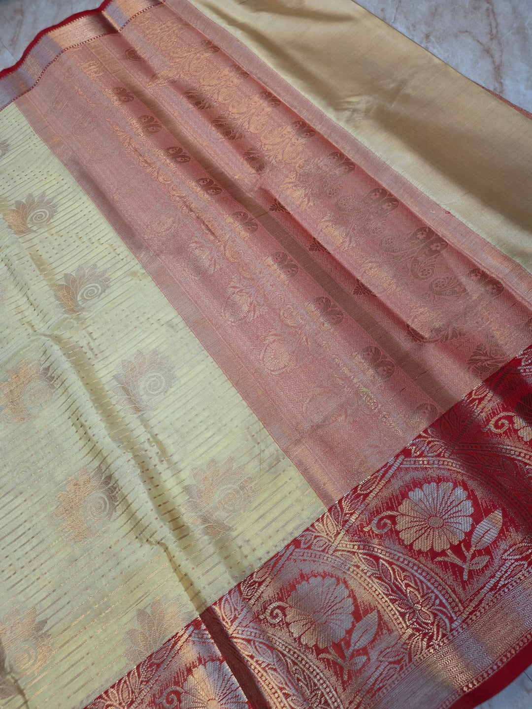 BANARASI SILK IN LIME YELLOW WITH RED BORDER