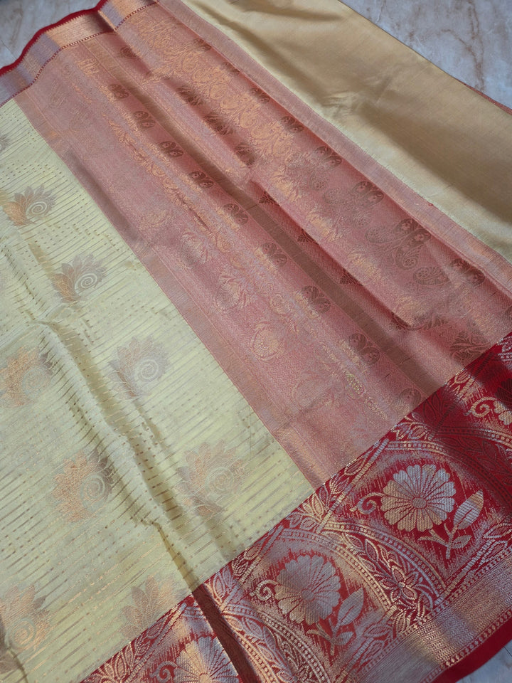 BANARASI SILK IN LIME YELLOW WITH RED BORDER