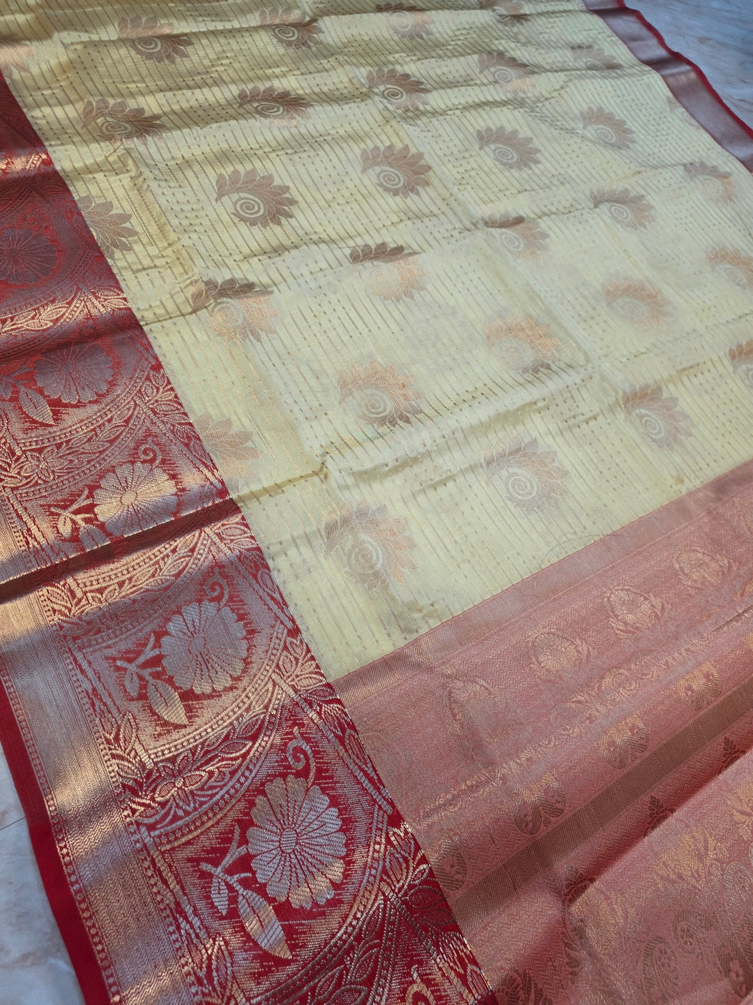 BANARASI SILK IN LIME YELLOW WITH RED BORDER