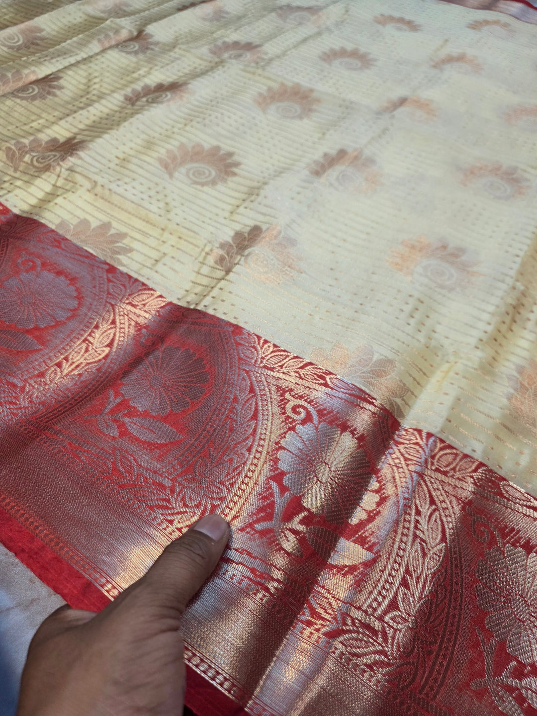 BANARASI SILK IN LIME YELLOW WITH RED BORDER