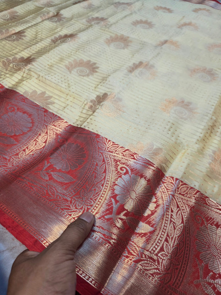 BANARASI SILK IN LIME YELLOW WITH RED BORDER