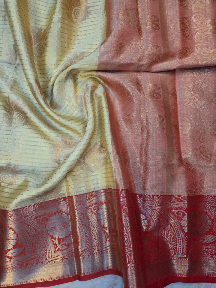 BANARASI SILK IN LIME YELLOW WITH RED BORDER
