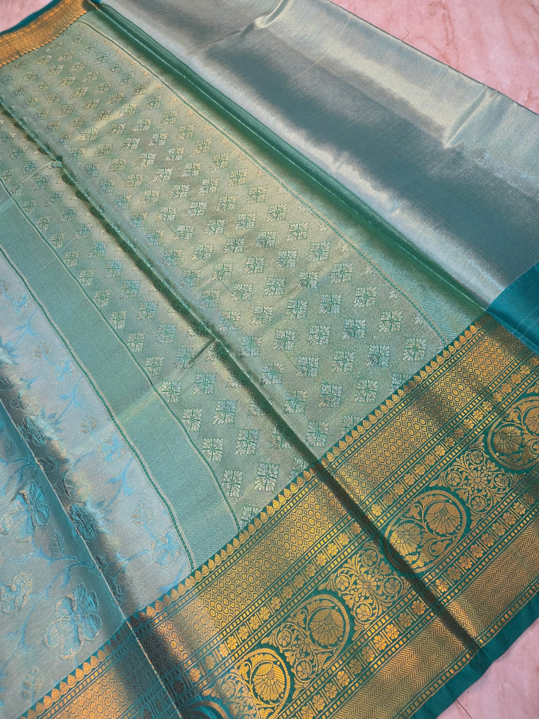 BANARASI SILK IN SEA GREEN WITH BASIL GREEN BORDER