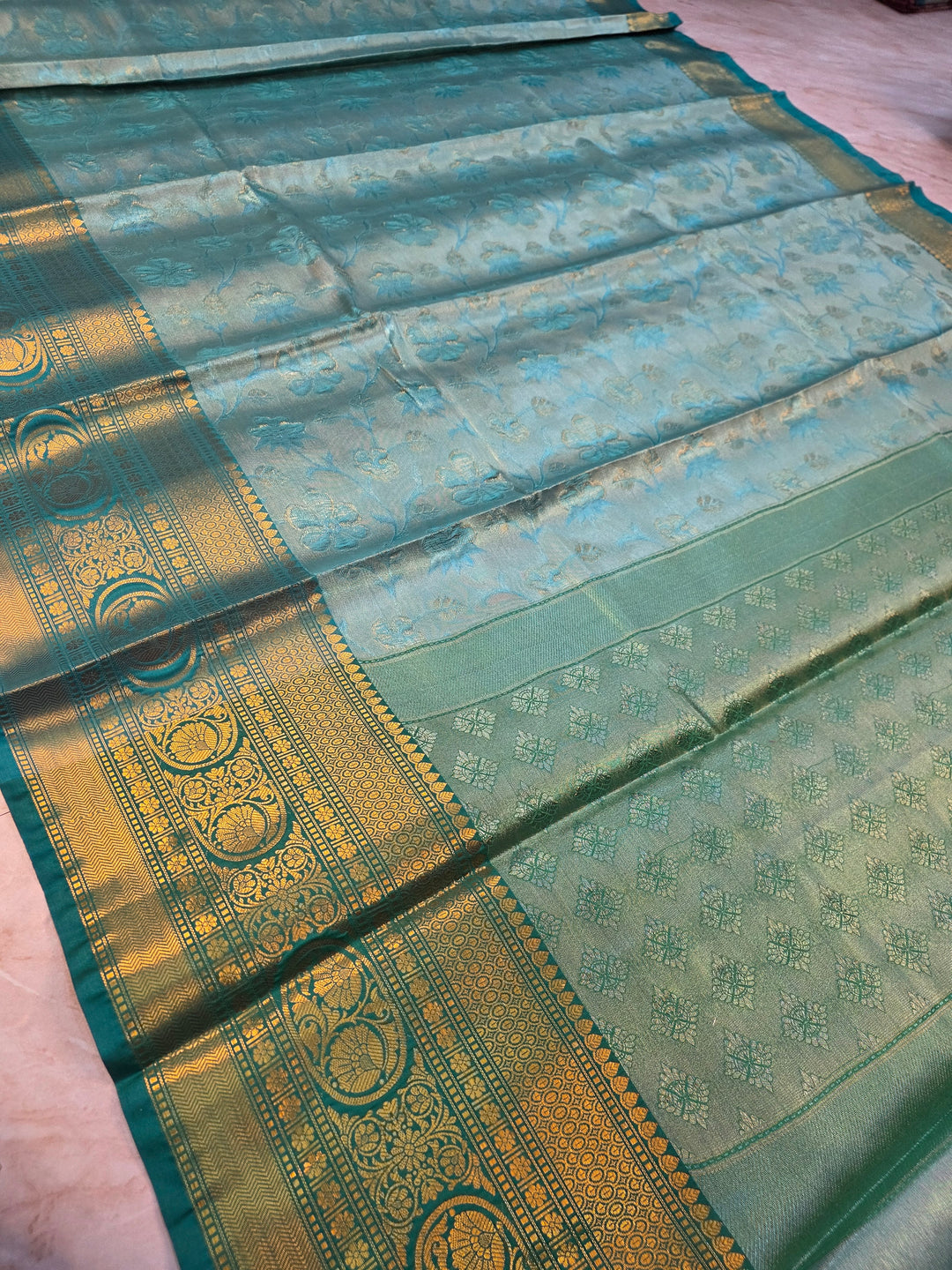 BANARASI SILK IN SEA GREEN WITH BASIL GREEN BORDER
