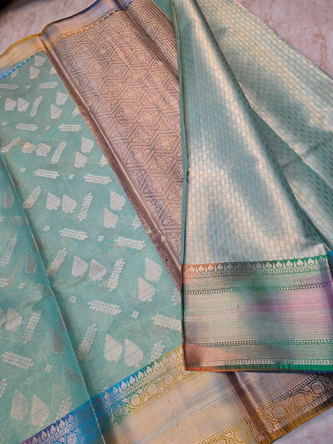 BANARASI SILK WITH RAINBOW BORDER IN SEA GREEN COLOUR