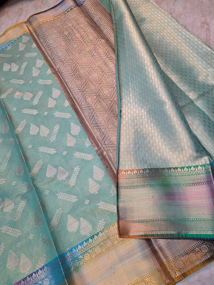 BANARASI SILK WITH RAINBOW BORDER IN SEA GREEN COLOUR