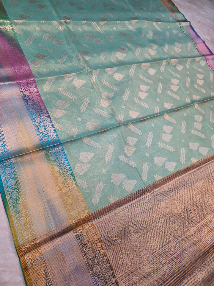 BANARASI SILK WITH RAINBOW BORDER IN SEA GREEN COLOUR