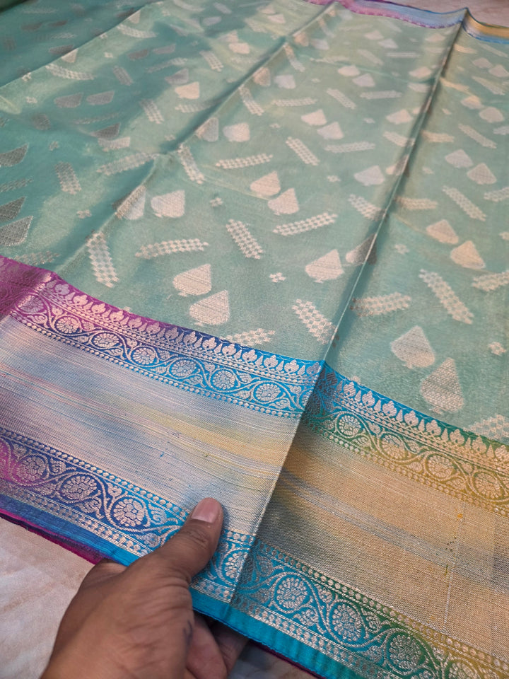 BANARASI SILK WITH RAINBOW BORDER IN SEA GREEN COLOUR