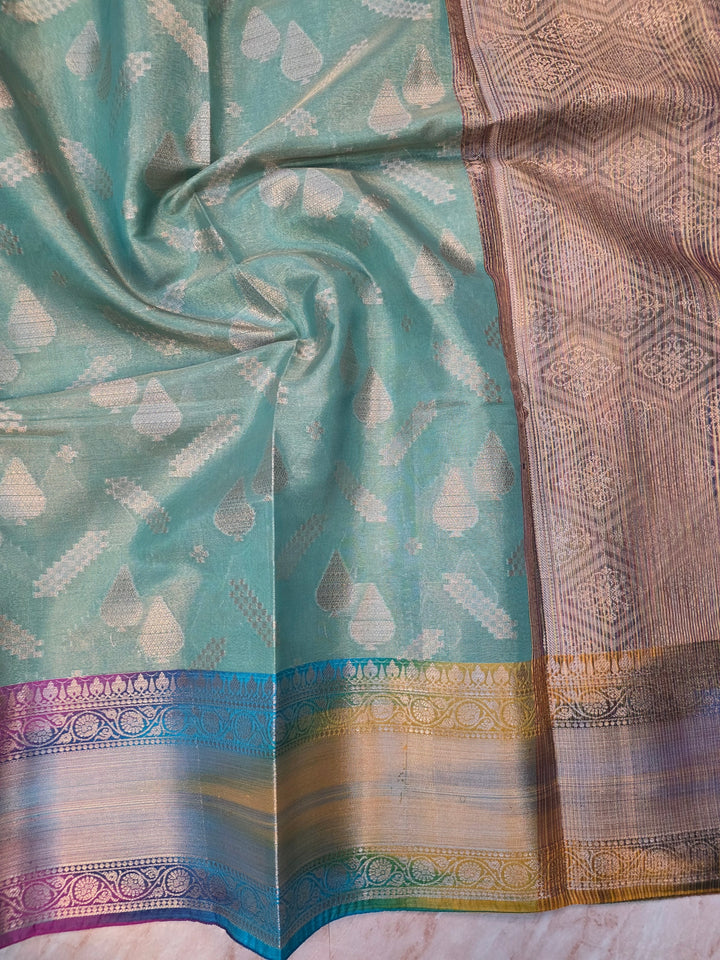 BANARASI SILK WITH RAINBOW BORDER IN SEA GREEN COLOUR