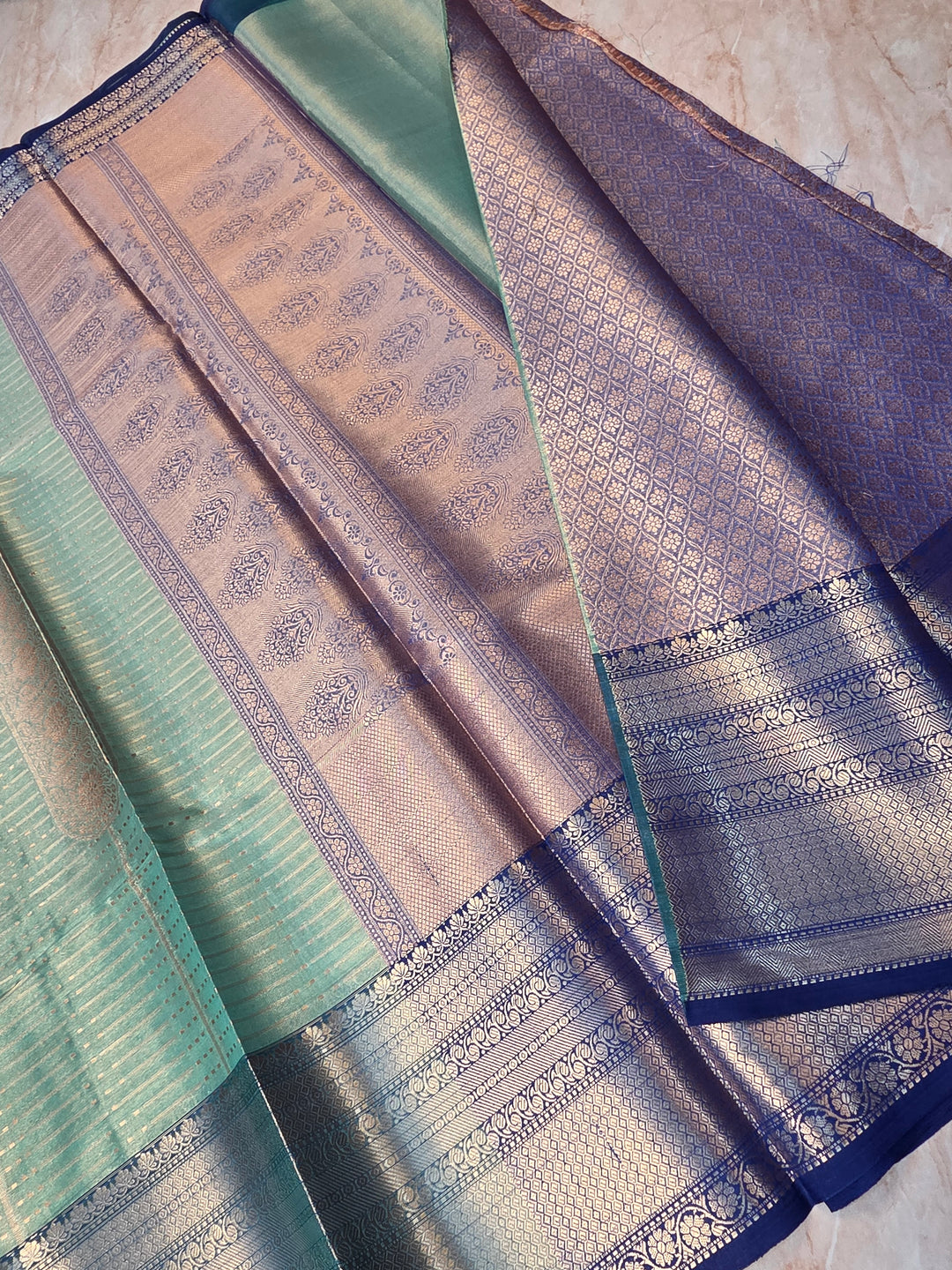 BANARASI SILK IN SEA GREEN WITH ROYALBLUE BORDER