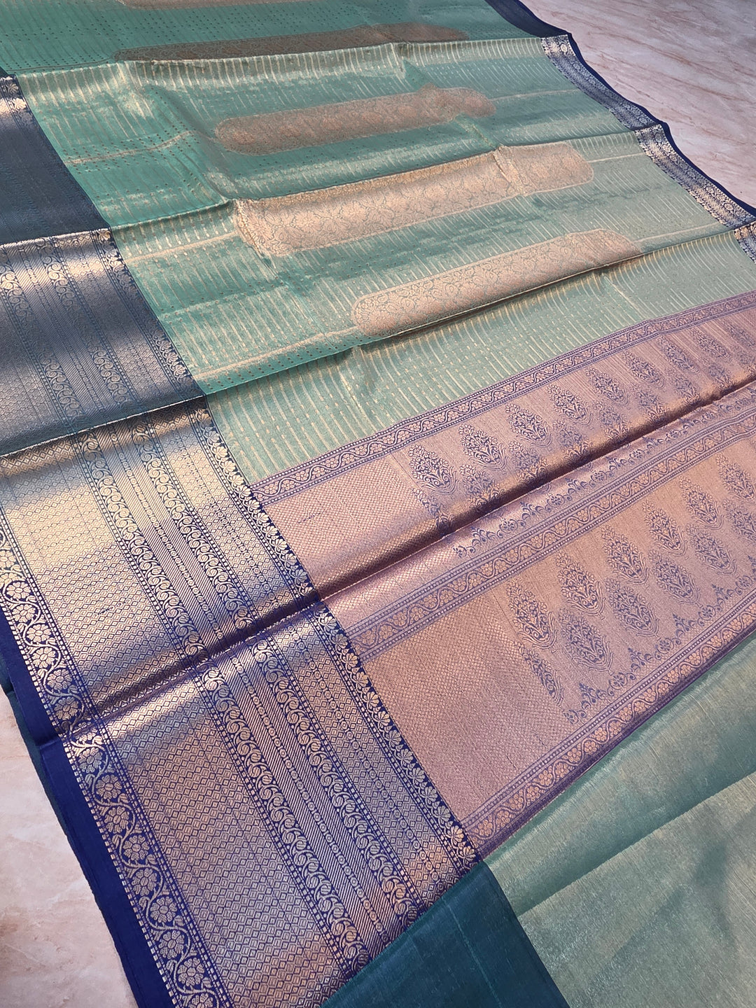 BANARASI SILK IN SEA GREEN WITH ROYALBLUE BORDER