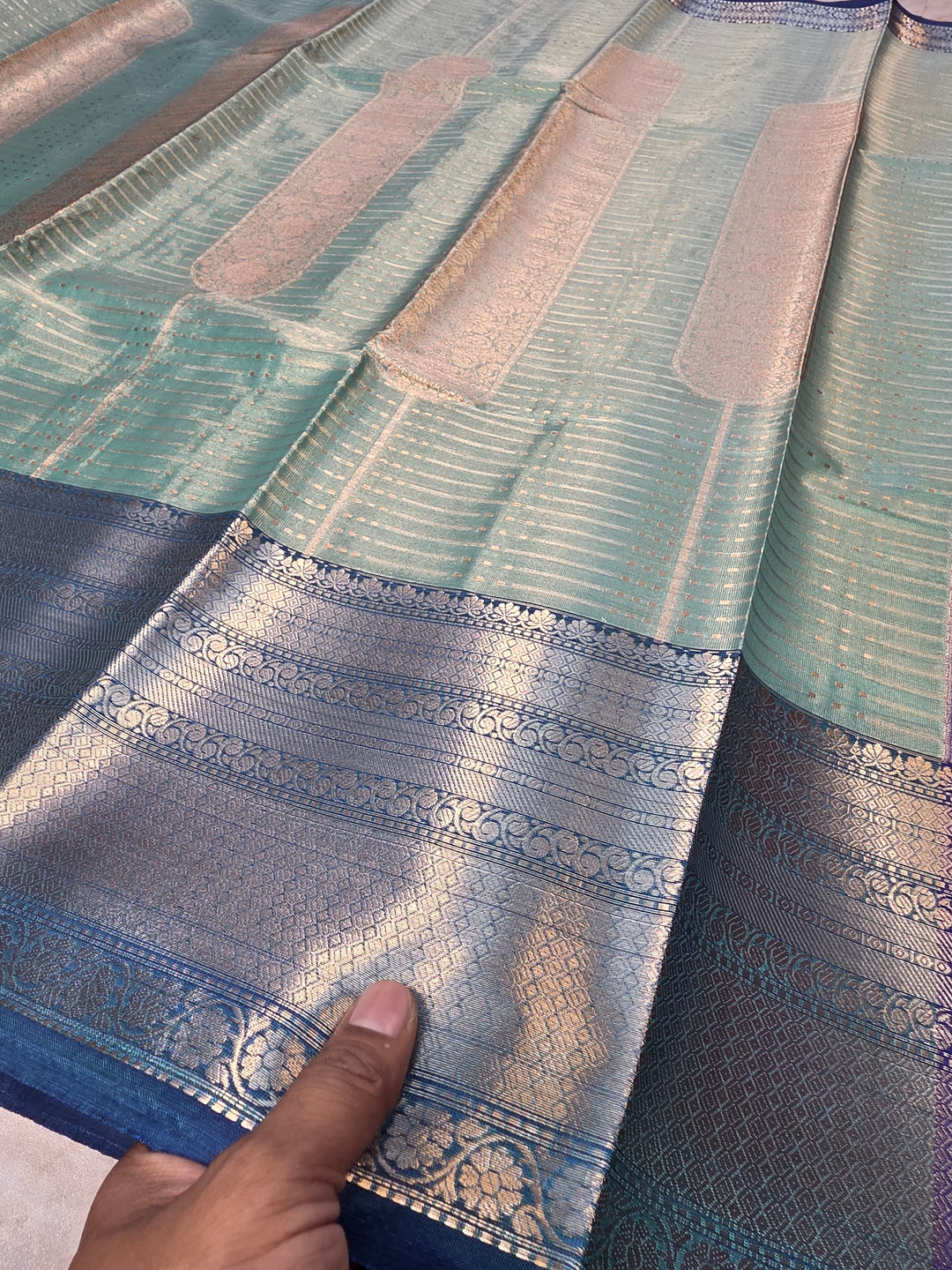 BANARASI SILK IN SEA GREEN WITH ROYALBLUE BORDER