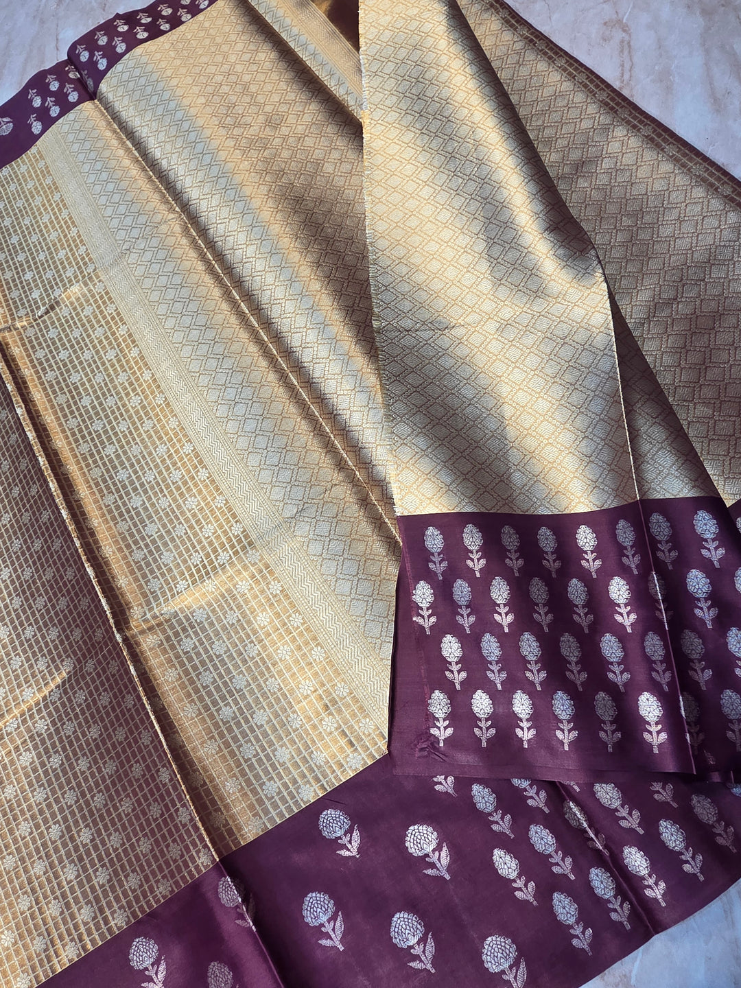 BANARASI TISU KATAN SILK IN GOLD ZARI WITH GARNET BORDER