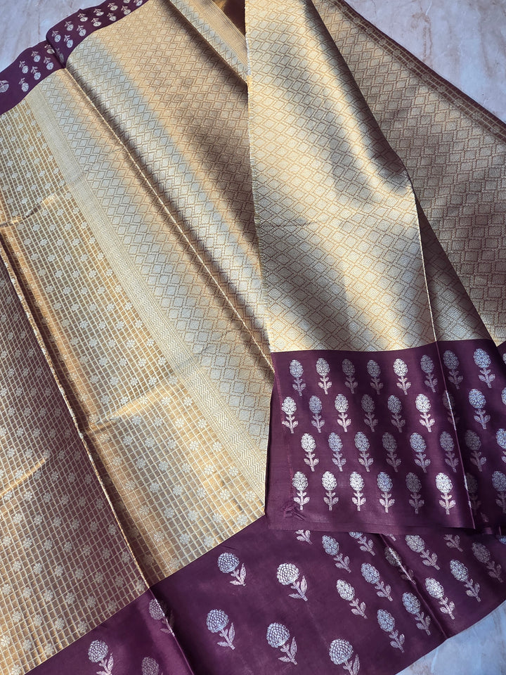 BANARASI TISU KATAN SILK IN GOLD ZARI WITH GARNET BORDER