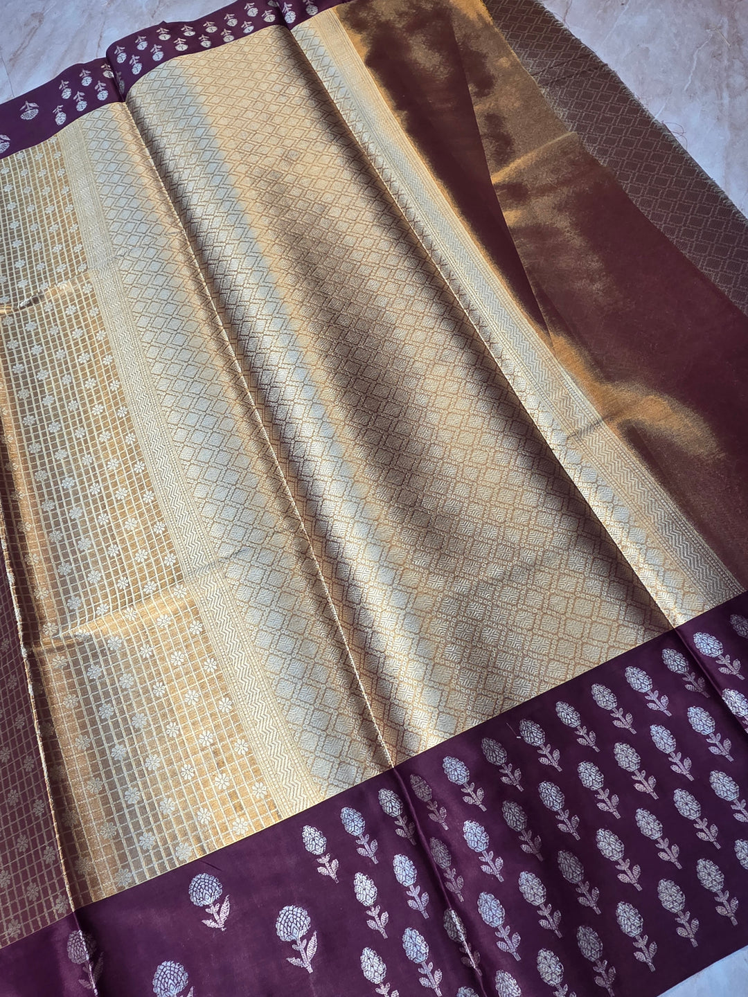 BANARASI TISU KATAN SILK IN GOLD ZARI WITH GARNET BORDER