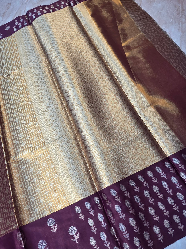 BANARASI TISU KATAN SILK IN GOLD ZARI WITH GARNET BORDER