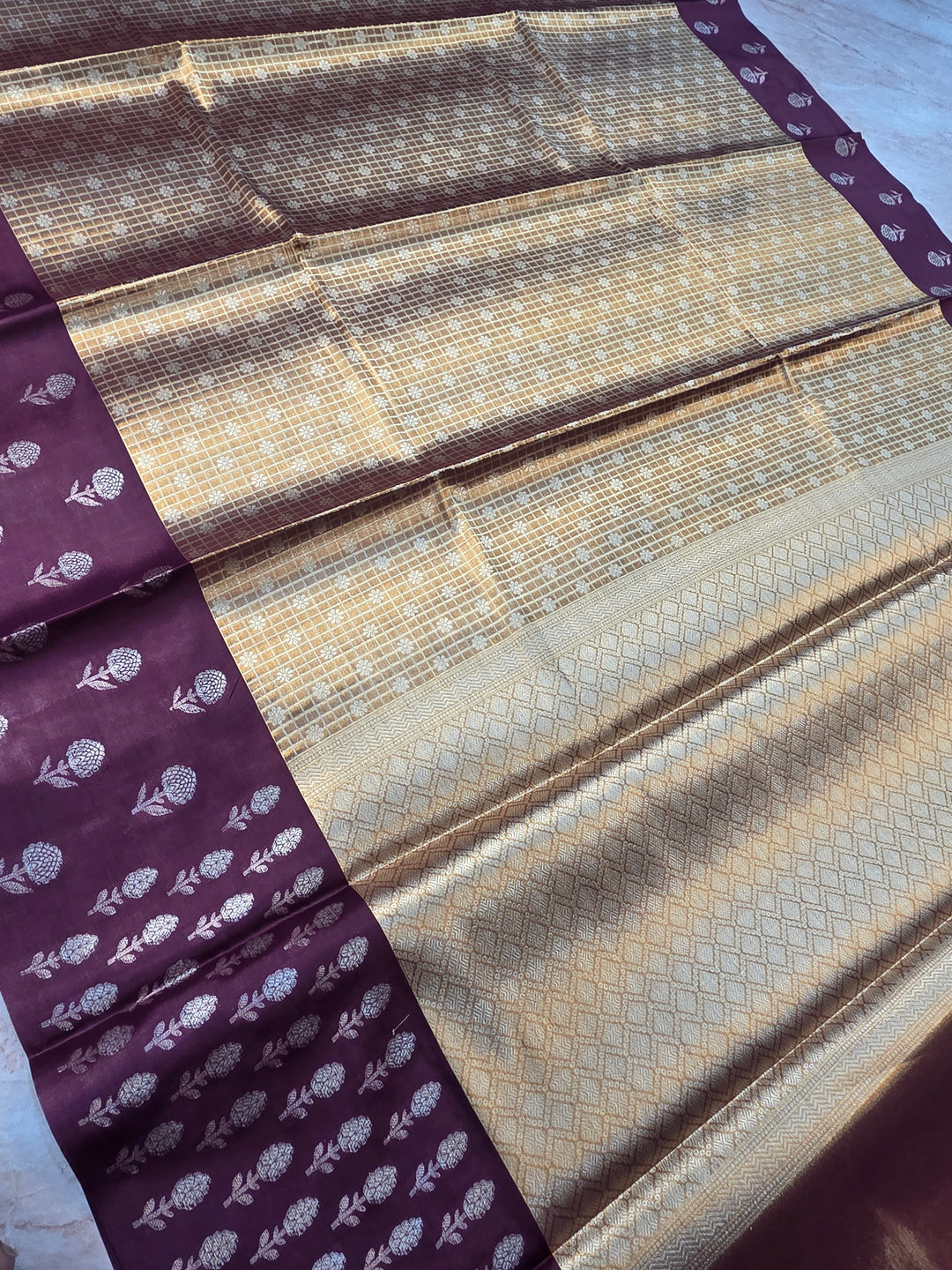 BANARASI TISU KATAN SILK IN GOLD ZARI WITH GARNET BORDER