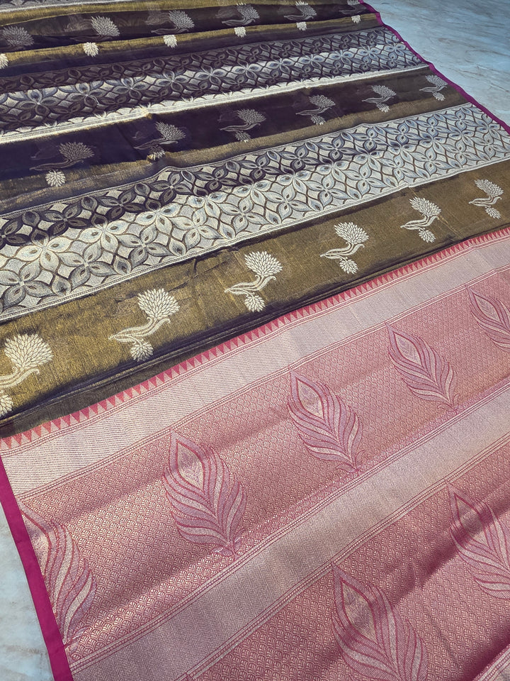 BANARASI TISU SILK IN DUAL SHADE BROWN COLOUR WITH VERTICAL PATTERN