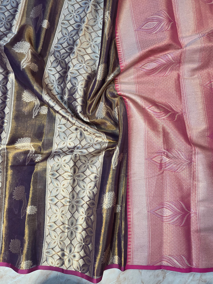 BANARASI TISU SILK IN DUAL SHADE BROWN COLOUR WITH VERTICAL PATTERN