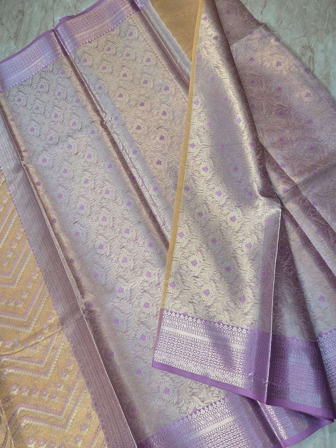 CHANDERI ALFI COTTONWITH HORIZOTAL DESIGN IN YELLOW WITH LAVENDER BORDER