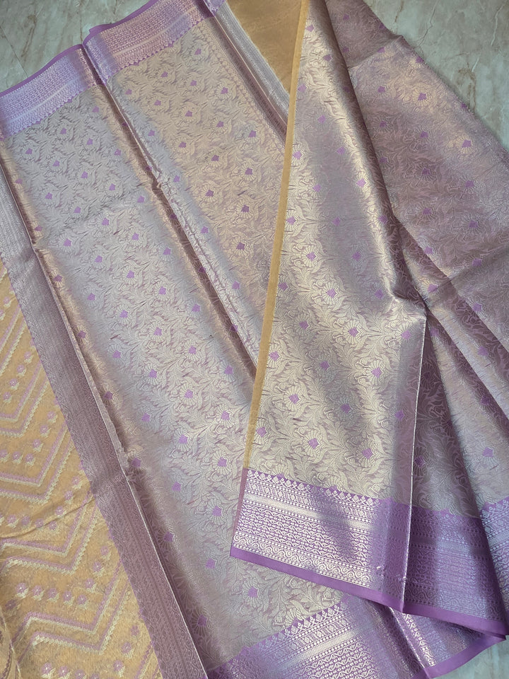 CHANDERI ALFI COTTONWITH HORIZOTAL DESIGN IN YELLOW WITH LAVENDER BORDER