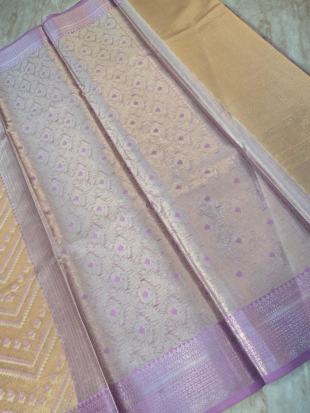 CHANDERI ALFI COTTONWITH HORIZOTAL DESIGN IN YELLOW WITH LAVENDER BORDER