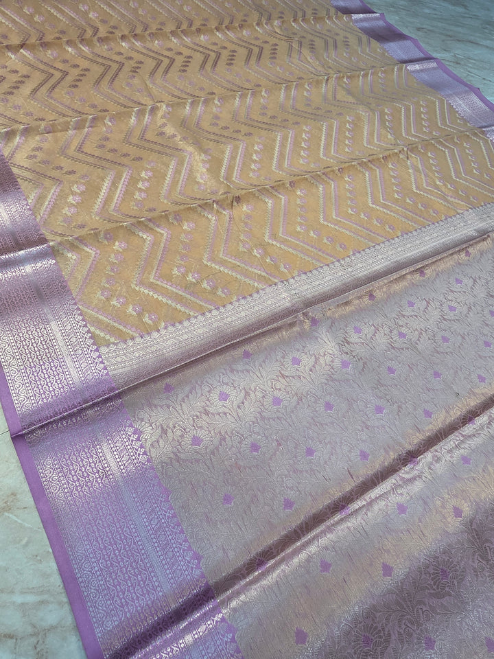 CHANDERI ALFI COTTONWITH HORIZOTAL DESIGN IN YELLOW WITH LAVENDER BORDER