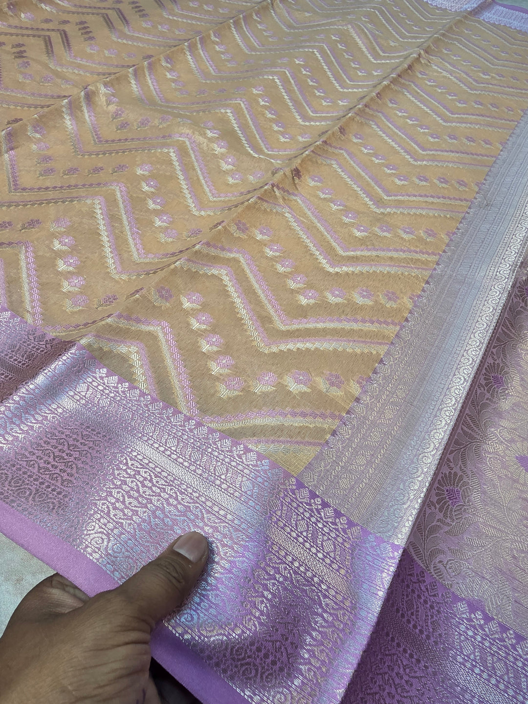 CHANDERI ALFI COTTONWITH HORIZOTAL DESIGN IN YELLOW WITH LAVENDER BORDER