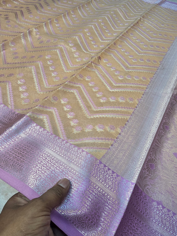 CHANDERI ALFI COTTONWITH HORIZOTAL DESIGN IN YELLOW WITH LAVENDER BORDER