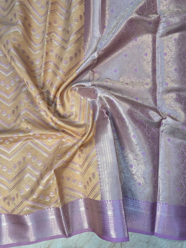 CHANDERI ALFI COTTONWITH HORIZOTAL DESIGN IN YELLOW WITH LAVENDER BORDER