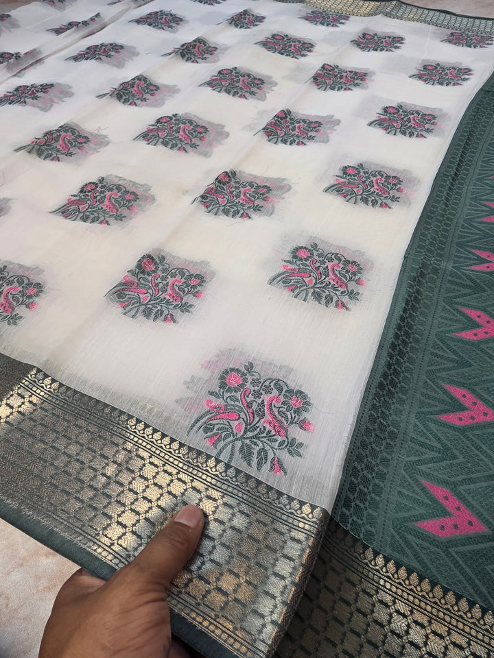 CHANDERI COTTON ALFI IN WHITE WITH ALFI BOOTA