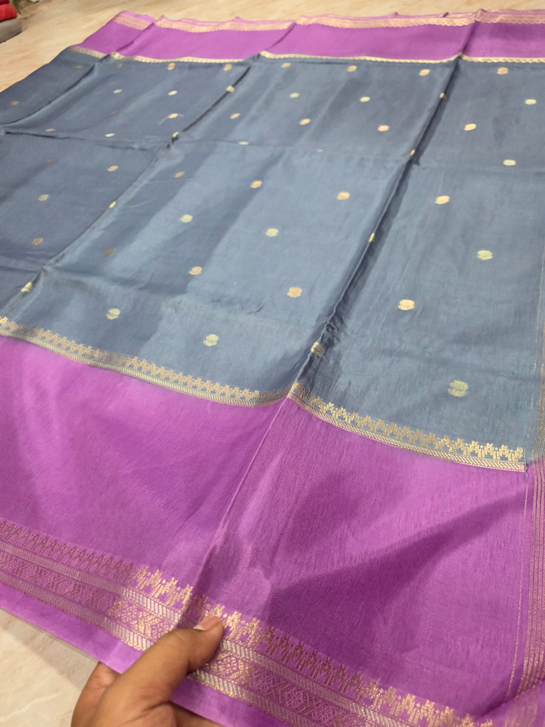 RUSSIAN SILK VISCOS IN STEEL GREY WITH LAVENDER BORDER