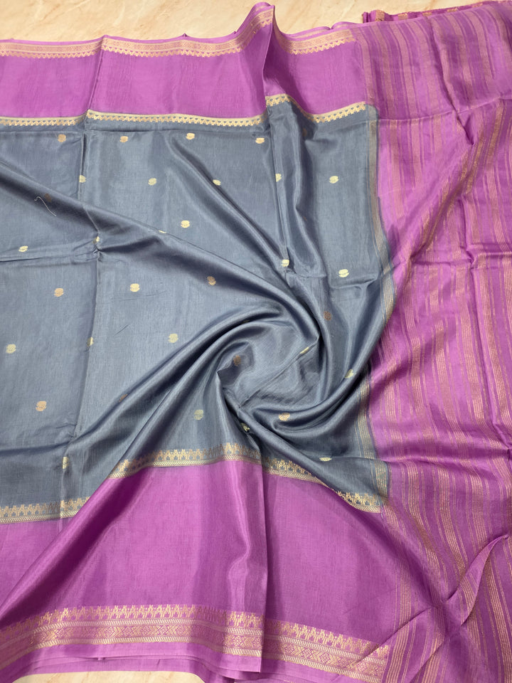 RUSSIAN SILK VISCOS IN STEEL GREY WITH LAVENDER BORDER