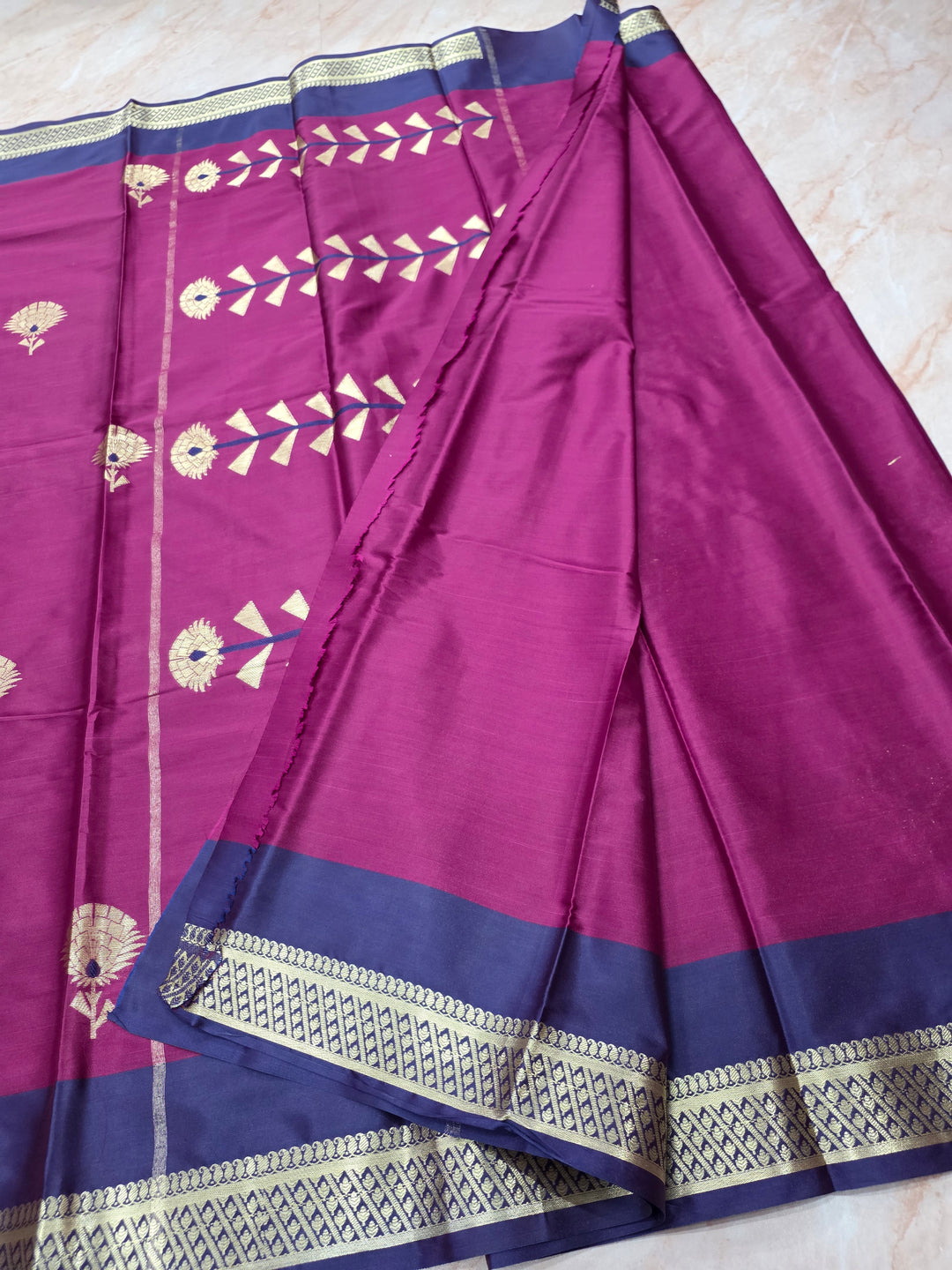 MAGENTA BANARASI KATAN SILK WITH NAVY BLUE BORDER
