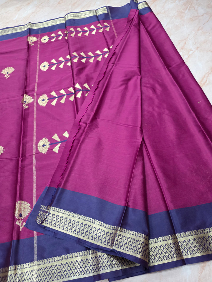 MAGENTA BANARASI KATAN SILK WITH NAVY BLUE BORDER