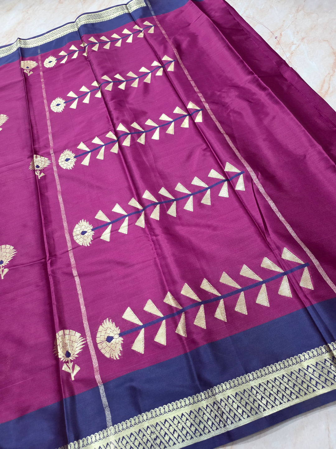 MAGENTA BANARASI KATAN SILK WITH NAVY BLUE BORDER