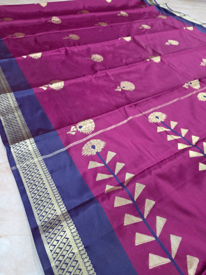 MAGENTA BANARASI KATAN SILK WITH NAVY BLUE BORDER