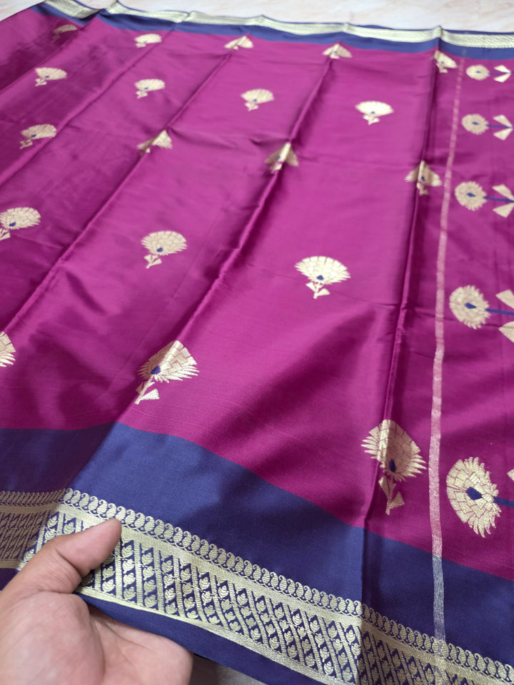 MAGENTA BANARASI KATAN SILK WITH NAVY BLUE BORDER