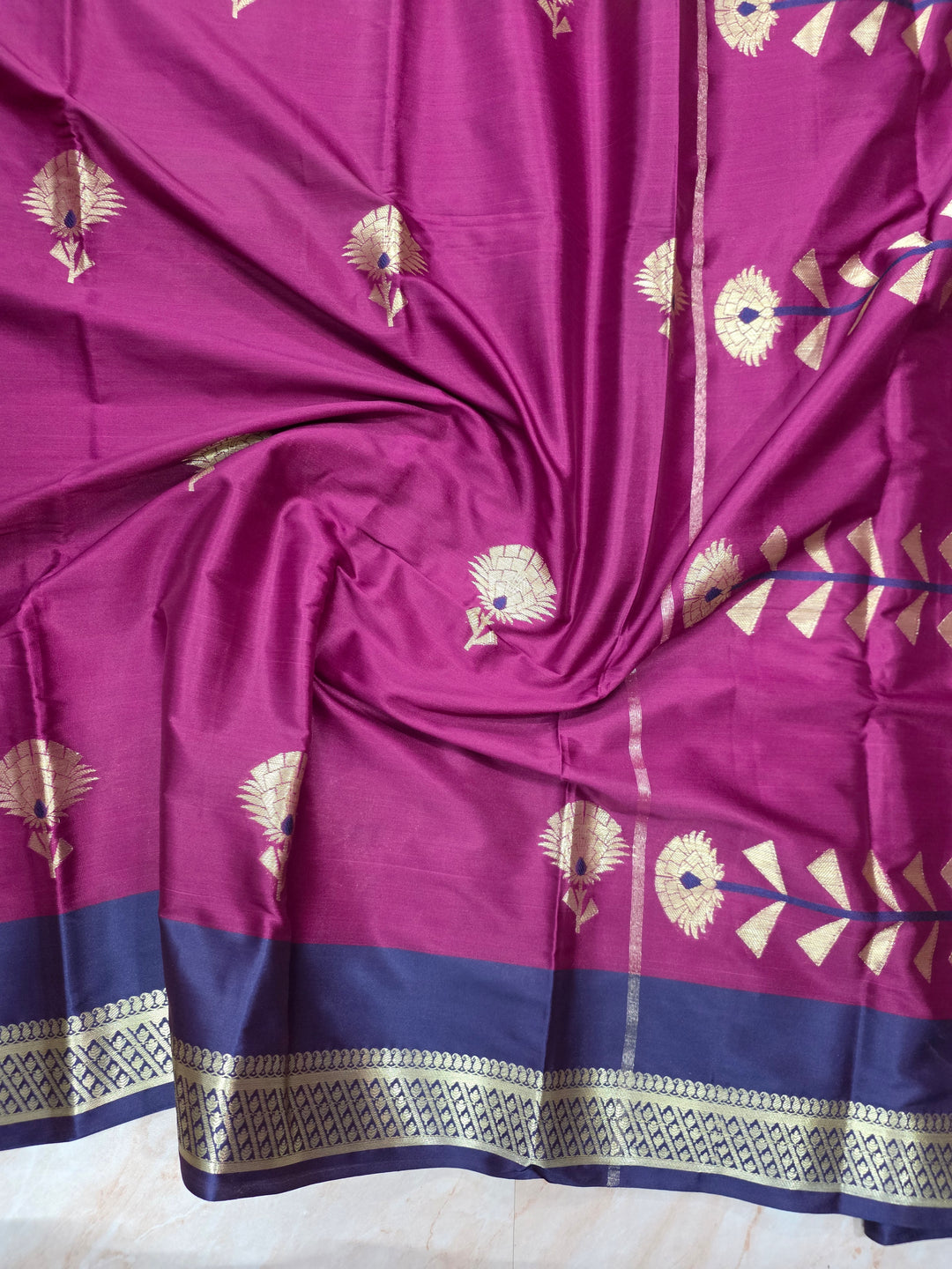 MAGENTA BANARASI KATAN SILK WITH NAVY BLUE BORDER