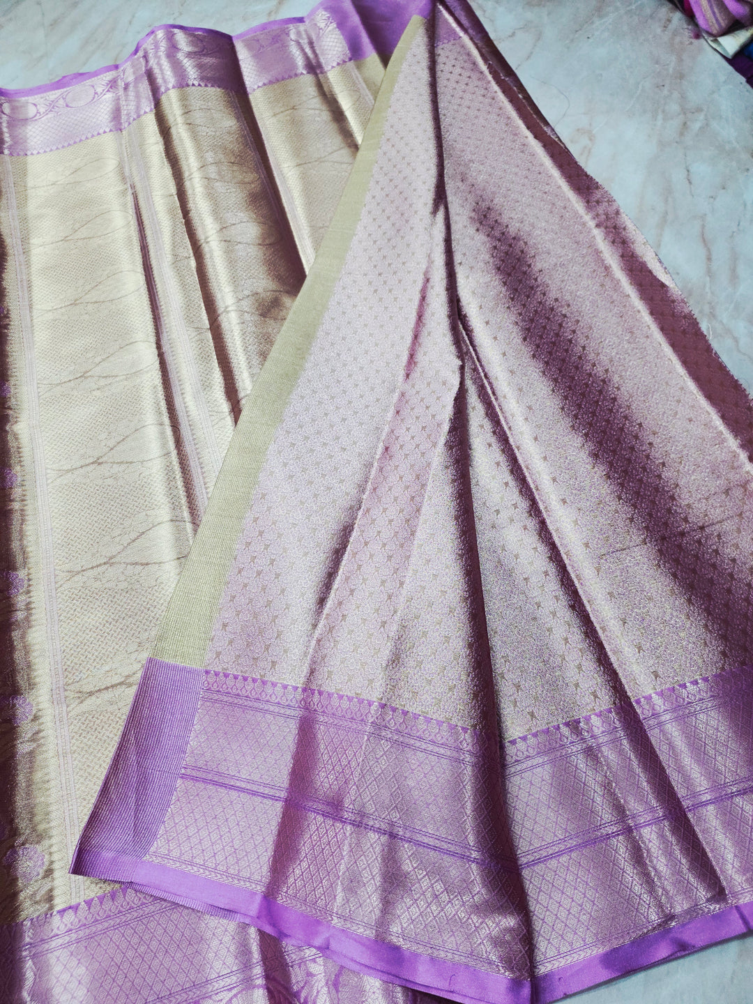 KASHMIRI TISUE IN GOLD ZARI WORK WITH LAVENDER BORDER