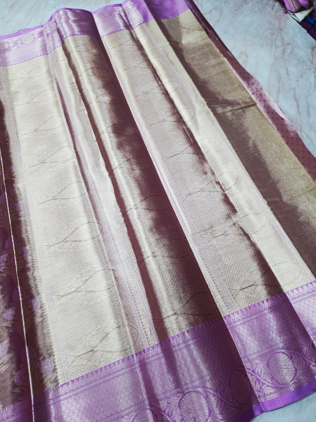 KASHMIRI TISUE IN GOLD ZARI WORK WITH LAVENDER BORDER