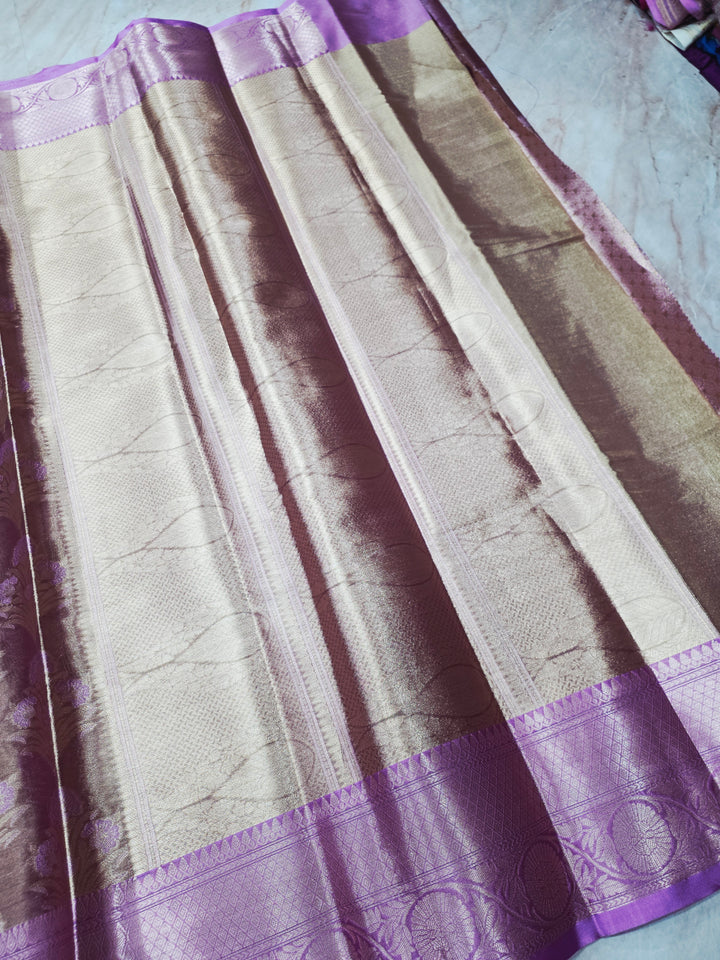 KASHMIRI TISUE IN GOLD ZARI WORK WITH LAVENDER BORDER