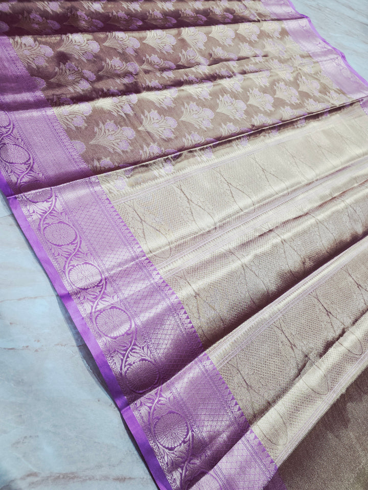 KASHMIRI TISUE IN GOLD ZARI WORK WITH LAVENDER BORDER