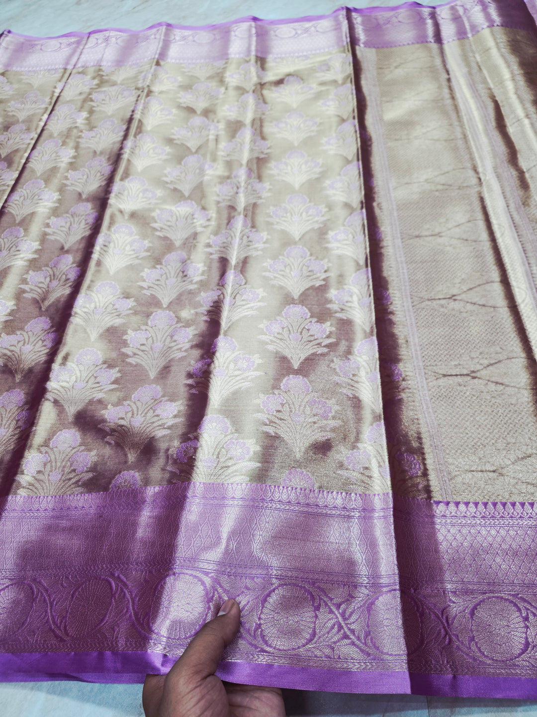 KASHMIRI TISUE IN GOLD ZARI WORK WITH LAVENDER BORDER